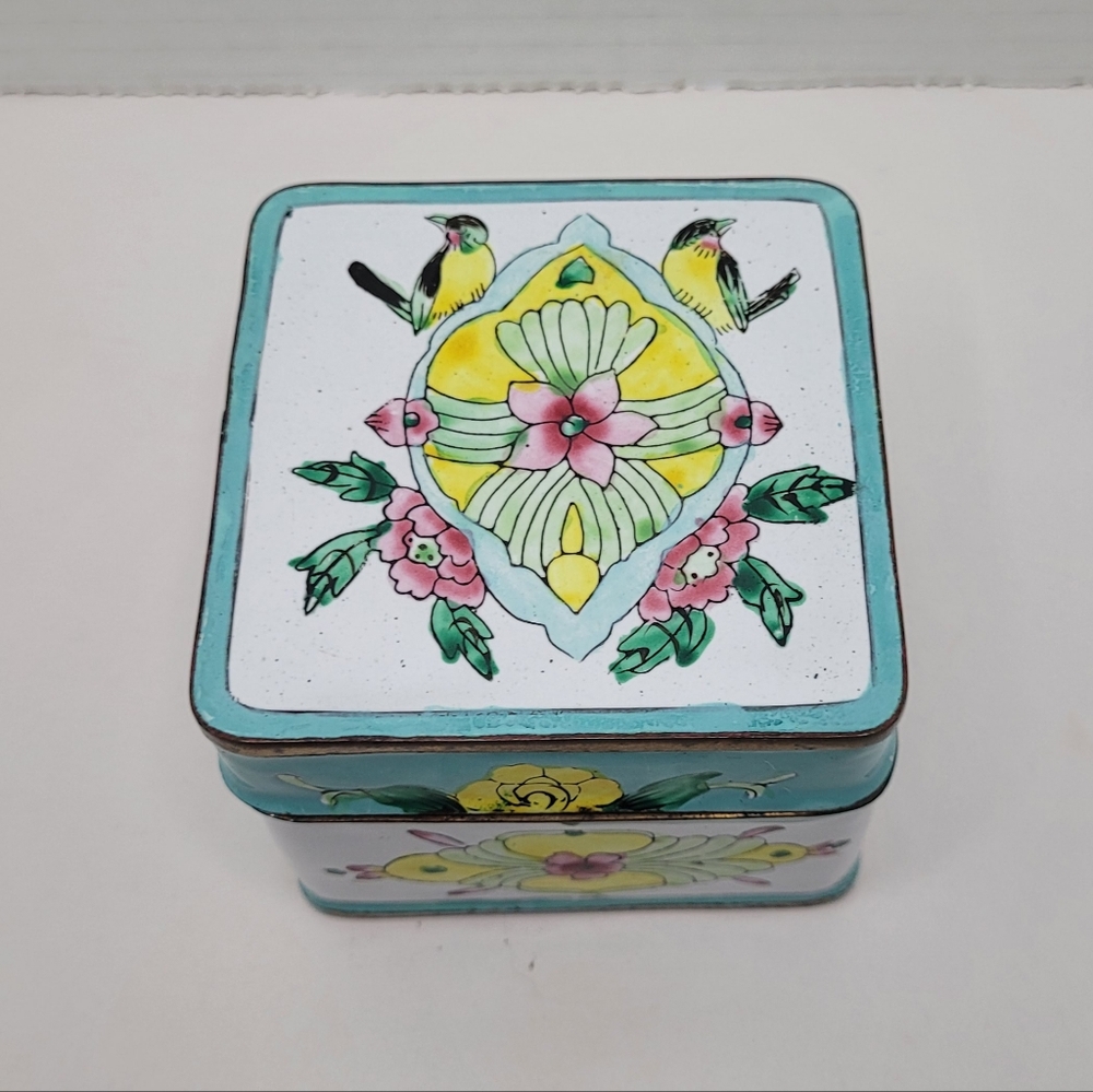 Vintage Chinese Canton Trinket Jewelry Box Brass and Enamel Famille Rose Birds